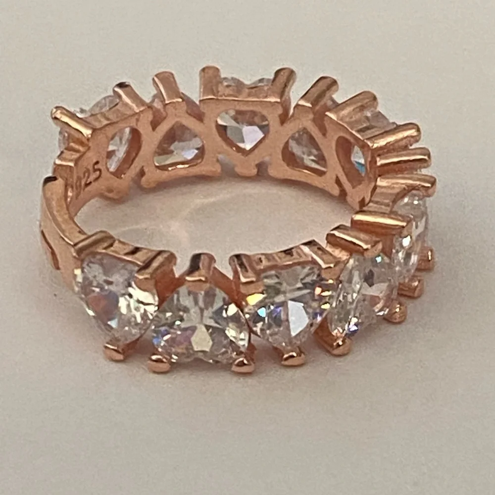 925 Silver heart ring 6-6.50 size adjustable band cz stones 14k rose gold plated